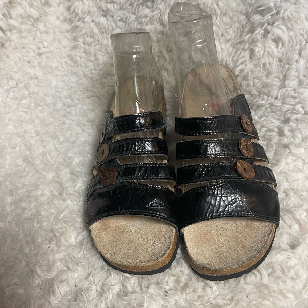 Haflinger Leather black Slide sandals brown buttons accent Size 10